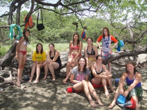 The girls take a well-deserved break while surfing at Playa Avellanas