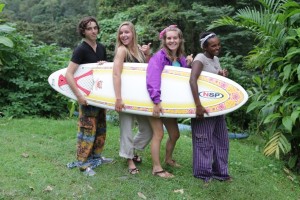 The group gets amped for surfing!