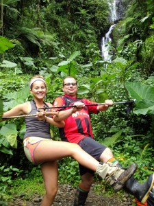 Instructor Diego and student Hannah dance their way through one of their treks during Hike &amp; Homestay #3!