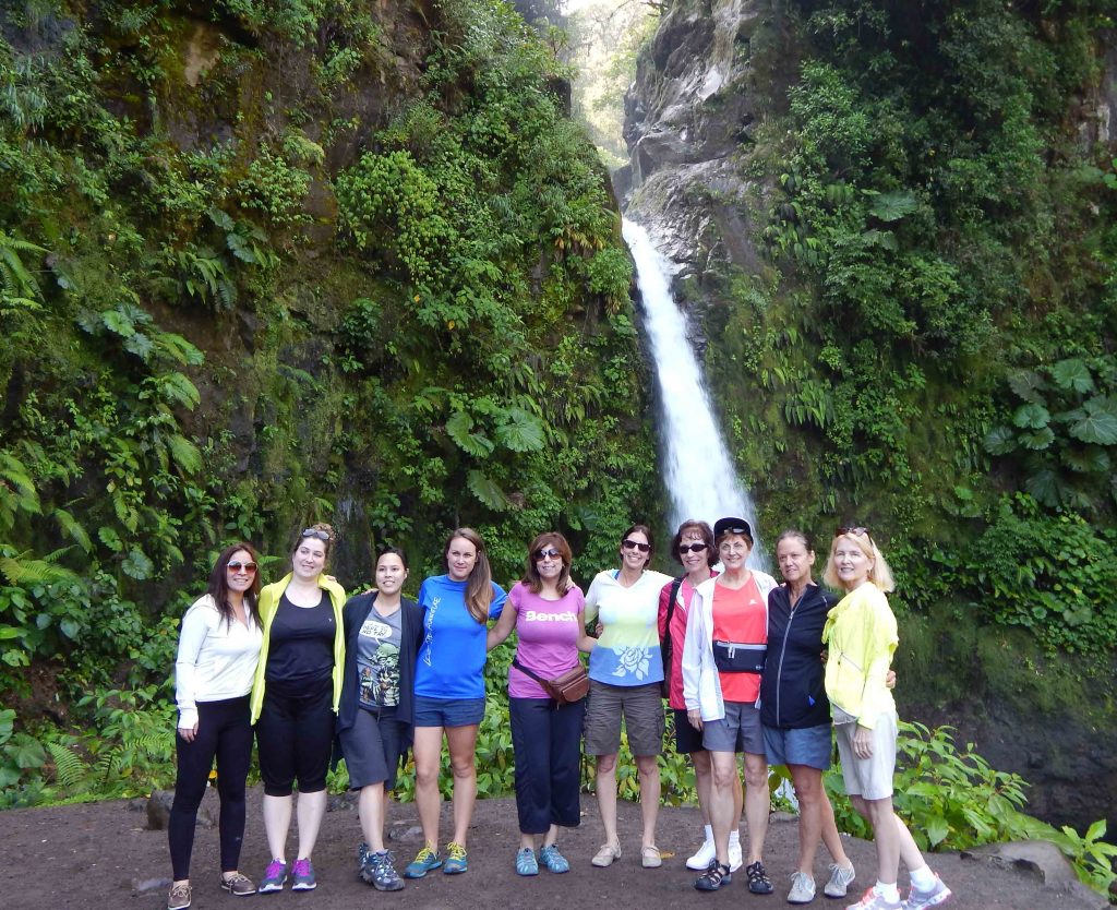 pink pangea visits a waterfall with outward bound costa rica