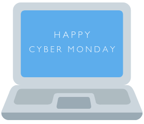 A graphic of a computer with the text happy cyber Monday