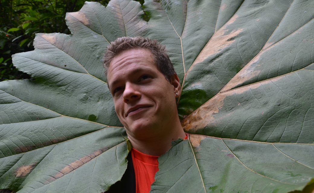 A student with a huge leaf around his head